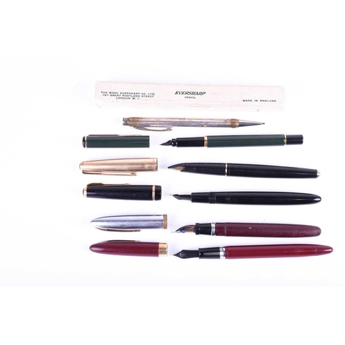 473 - A collection of pens, comprising a Parker Rolled Gold cap cartridge pen with 14K nib, a Parker ink s... 