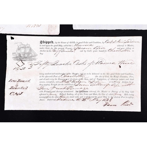 486 - Three 19th century ships Bills of Lading, to include the Minerva bound for Charleston with 50 quarte... 