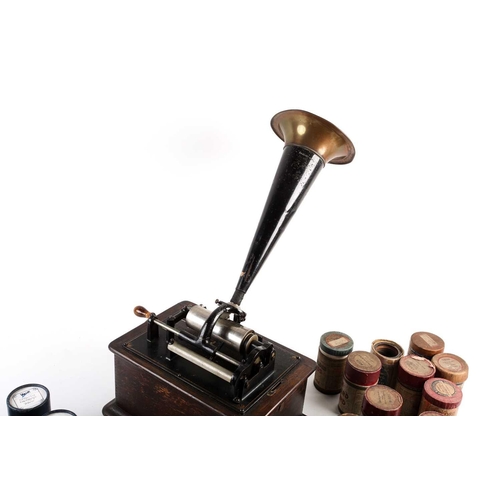 493 - An Edison Standard Phonograph, 1903, in oak case, with japanned and brass horn, the patent plate wit... 