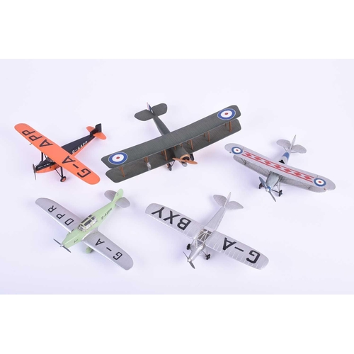 497 - A group of five W. O. Doylend miniature hardwood model airplanes, built to a scale of one inch to si... 