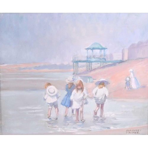 5 - Margaret Palmer (20th century), a group of children paddling, a beach to the background, oil on boar... 