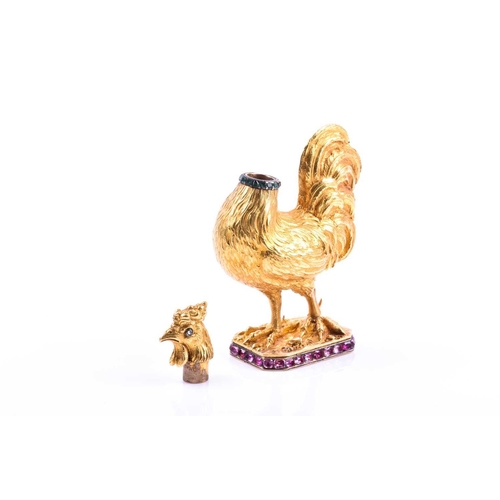 526 - An unusual novelty yellow metal and gemstone set snuff bottle in the form of a cockerel, with carved... 