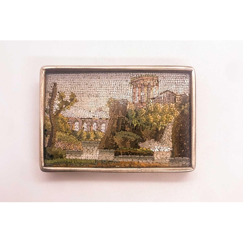 527 - A 19th century micro mosaic desk ornament, the retangular plaque depiciting a Classical Roman villa ... 