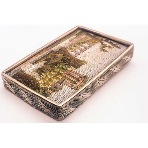 527 - A 19th century micro mosaic desk ornament, the retangular plaque depiciting a Classical Roman villa ... 