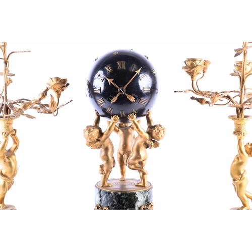 529 - A French gilt metal and marble clock garniture, late 19th century, the clock as a celestial sphere w... 