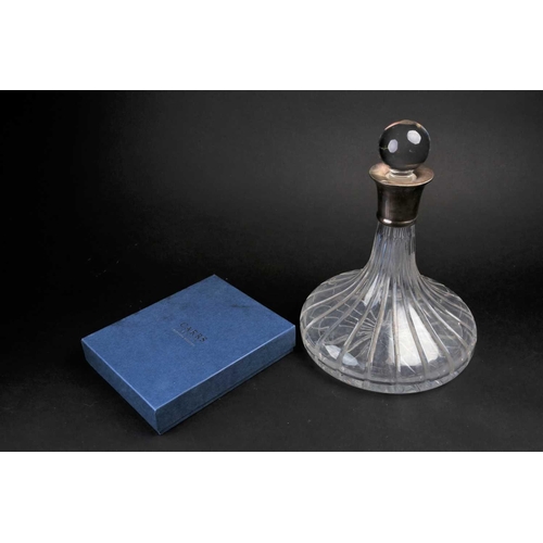 564 - A late 20th century glass decanter with silver collar, 26 cm high, together with a boxed Carrs silve... 