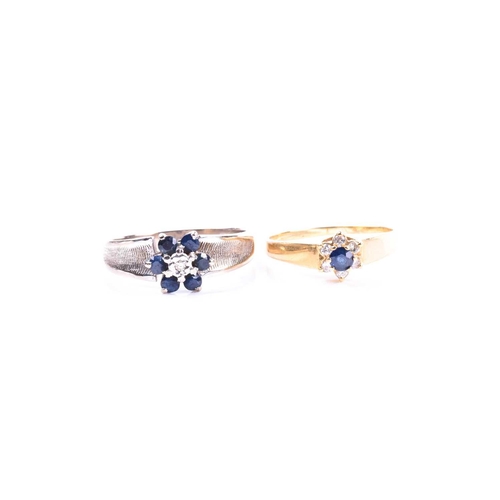 584 - A sapphire and diamond cluster ring, the illusion-set single cut diamond within a foliate border of ... 