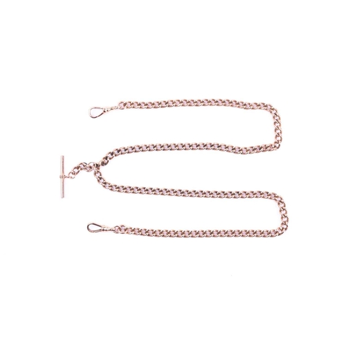 588 - A 9ct rose gold watch chain, the graduated curb pattern double Albert with sprung clasps and T bar, ... 