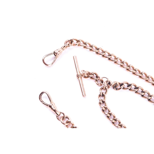 588 - A 9ct rose gold watch chain, the graduated curb pattern double Albert with sprung clasps and T bar, ... 