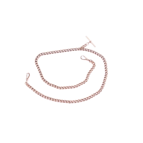 588 - A 9ct rose gold watch chain, the graduated curb pattern double Albert with sprung clasps and T bar, ... 