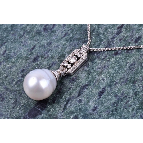 610 - A diamond and pearl pendant, the rectangular plaque mount inset with round-cut diamonds, and suspend... 