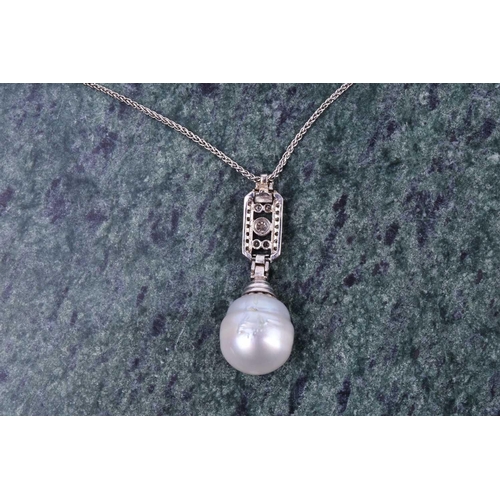 610 - A diamond and pearl pendant, the rectangular plaque mount inset with round-cut diamonds, and suspend... 