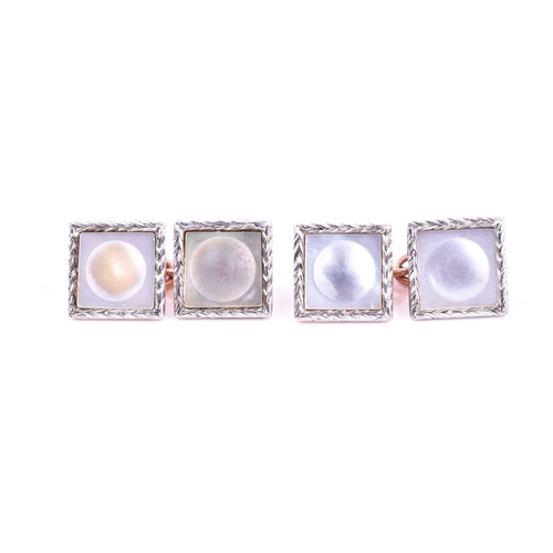 627 - A pair of 9ct rose gold and mother-of-pearl cufflinks, of matched square design, 5.6 grams.