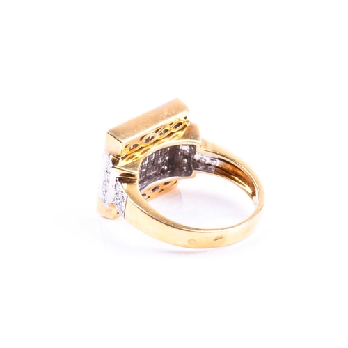 637 - An 18ct yellow gold and diamond ring, the square-shaped mount inset with calibre-cut square diamonds... 