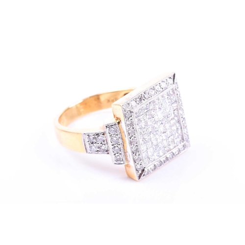 637 - An 18ct yellow gold and diamond ring, the square-shaped mount inset with calibre-cut square diamonds... 