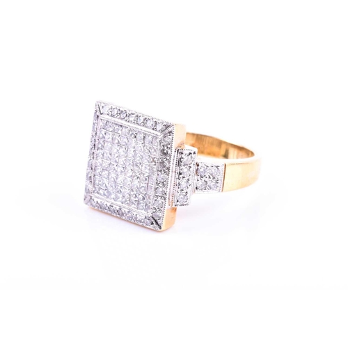 637 - An 18ct yellow gold and diamond ring, the square-shaped mount inset with calibre-cut square diamonds... 