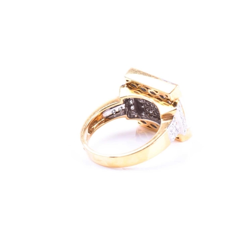 637 - An 18ct yellow gold and diamond ring, the square-shaped mount inset with calibre-cut square diamonds... 