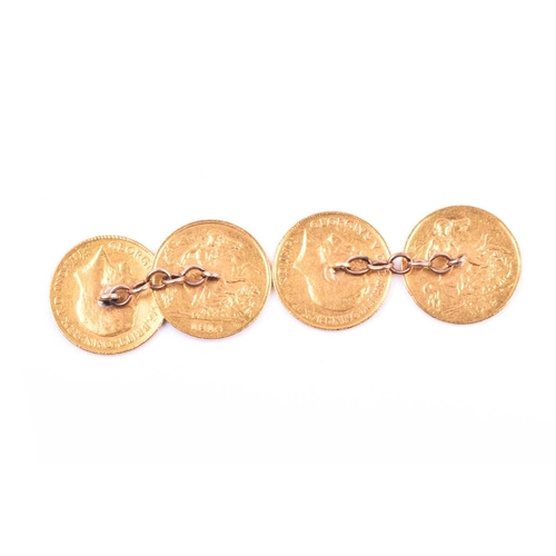 639 - A pair of half-sovereign cufflinks, comprising four coins (three x 1912 and 1 x 1914), 16.4g combine... 