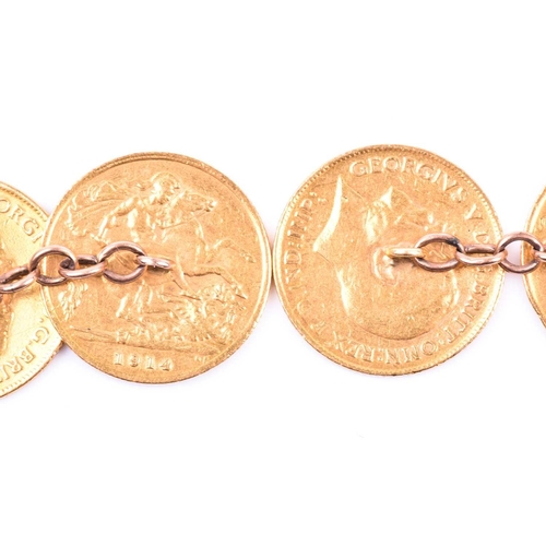 639 - A pair of half-sovereign cufflinks, comprising four coins (three x 1912 and 1 x 1914), 16.4g combine... 