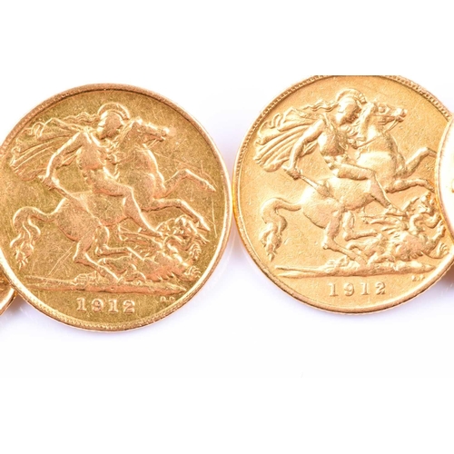 639 - A pair of half-sovereign cufflinks, comprising four coins (three x 1912 and 1 x 1914), 16.4g combine... 