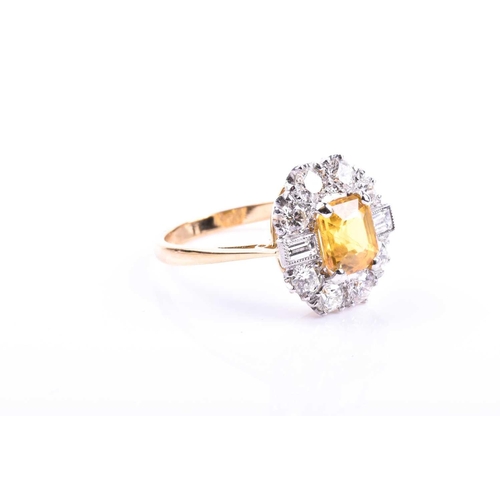 644 - A diamond and yellow sapphire cluster ring, set with a mixed rectangular-cut yellow sapphire of appr... 