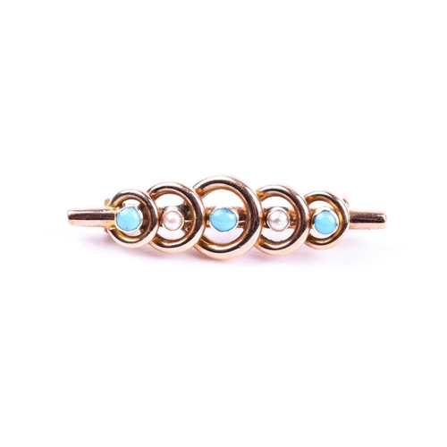 649 - An early 20th century yellow metal, turquoise, and pearl bar brooch, the stones set in circular moun... 