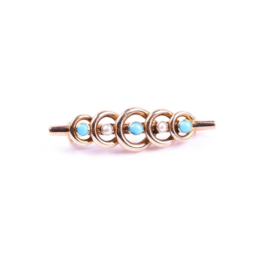 649 - An early 20th century yellow metal, turquoise, and pearl bar brooch, the stones set in circular moun... 