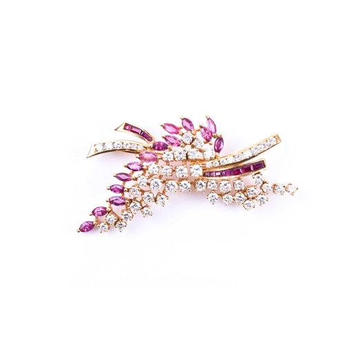 652 - A diamond and ruby spray brooch, set with round brilliant-cut diamonds of approximately 2.10 carats ... 