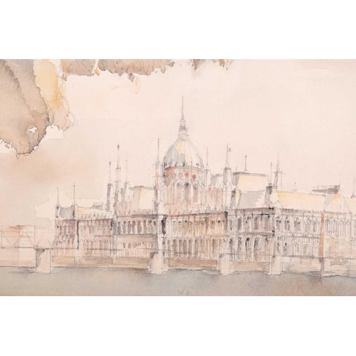 66 - Istvan Farkasvolgyi, 'Parliament, Budapest', signed and dated 1959, watercolour and pencil, 46.5 x 3... 