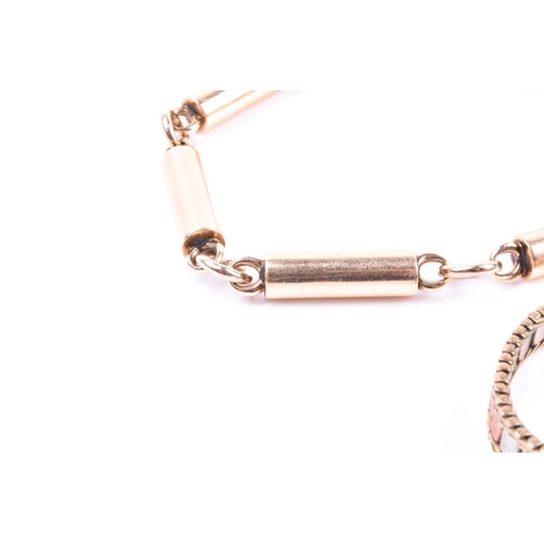 673 - An unusual 9ct yellow gold barrel-link bracelet, together with a 9ct yellow gold tapered gate-link b... 