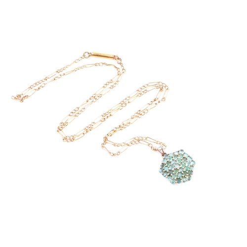 674 - A 9ct yellow gold and emerald pendant, of hexagonal design, set with mixed round-cut stones, pendant... 