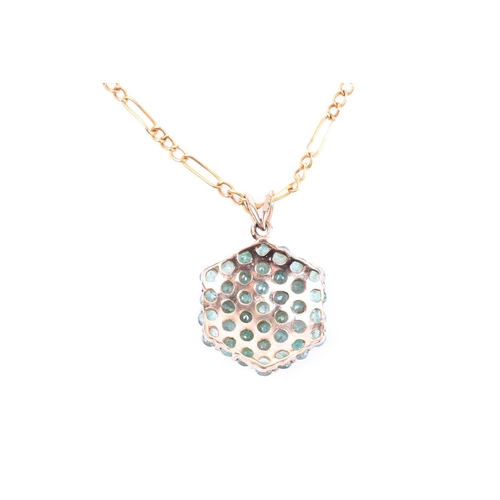 674 - A 9ct yellow gold and emerald pendant, of hexagonal design, set with mixed round-cut stones, pendant... 