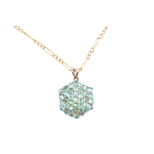 674 - A 9ct yellow gold and emerald pendant, of hexagonal design, set with mixed round-cut stones, pendant... 