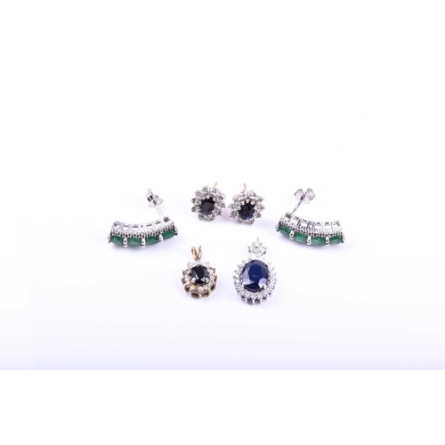 682 - A pair of 9ct white gold and emerald earrings, 1.7 cm long, together with a pair of diamond and sapp... 