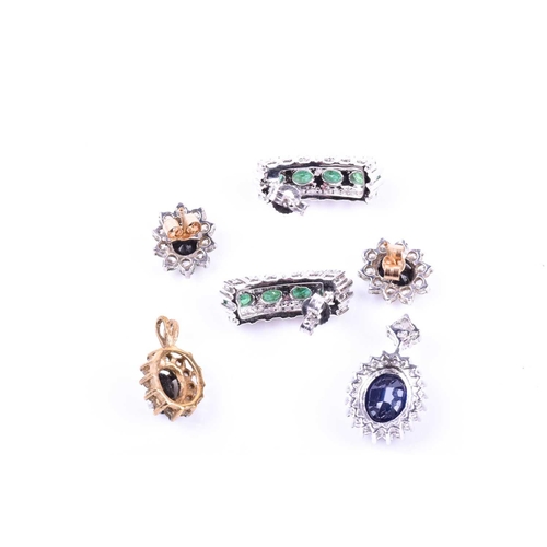 682 - A pair of 9ct white gold and emerald earrings, 1.7 cm long, together with a pair of diamond and sapp... 