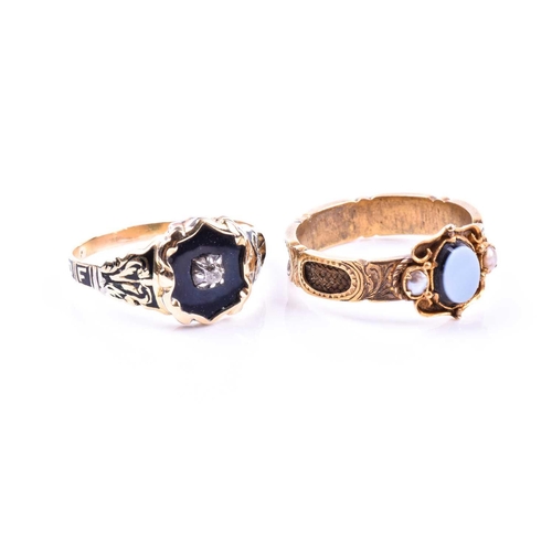 695 - A Victorian yellow gold and enamel mourning ring, inset with a diamond surrounded with black enamel,... 