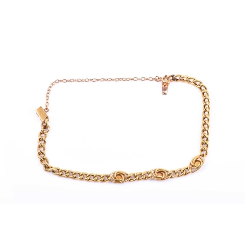 700 - A yellow gold and diamond bracelet, set with three knotted segments inset with a diamond accent each... 