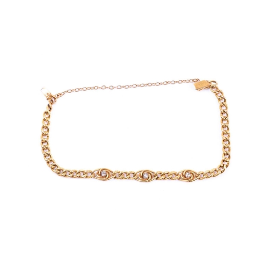 700 - A yellow gold and diamond bracelet, set with three knotted segments inset with a diamond accent each... 