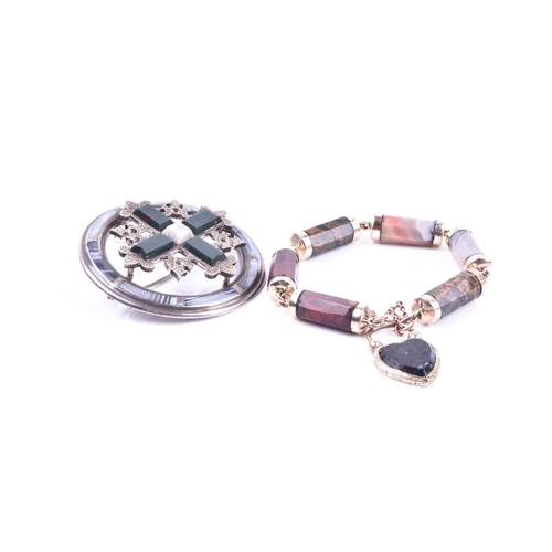 701 - A Scottish hardstone and silver gilt bracelet, set with multi-coloured agate segments, and a moss ag... 