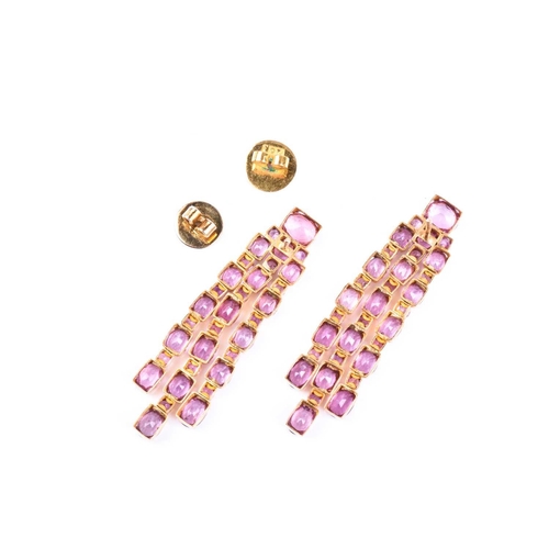 726 - A pair of pink tourmaline drop earrings, each set with mixed round- and oval-cut pink tourmalines, i... 