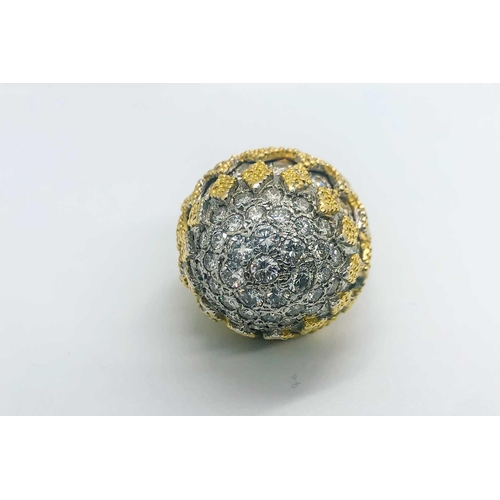 737 - An 18ct yellow gold and diamond bombe ring, by Birks, the rounded bombe mount inset with round brill... 