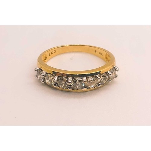 758 - An 18ct yellow gold and diamond ring, the tapered mount set with a row of seven round brilliant-cut ... 