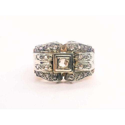 766 - A 1940s yellow gold and diamond ring, the bow-style mount pave-set with diamond acccents, set in a s... 