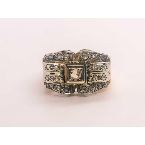 766 - A 1940s yellow gold and diamond ring, the bow-style mount pave-set with diamond acccents, set in a s... 