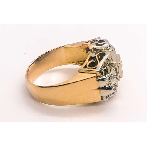 766 - A 1940s yellow gold and diamond ring, the bow-style mount pave-set with diamond acccents, set in a s... 