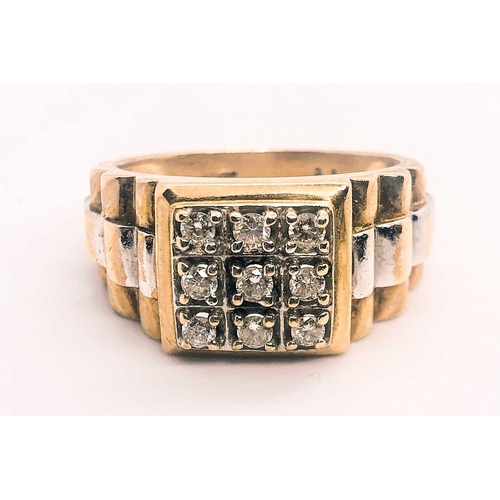 772 - A 9ct yellow gold and diamond gents ring, in the style of a Rolex strap, inset with nine small round... 