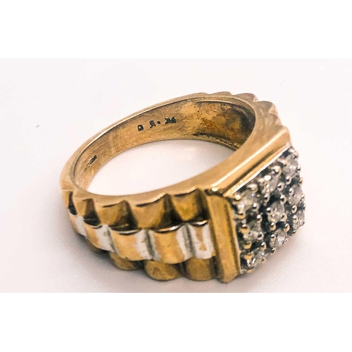 772 - A 9ct yellow gold and diamond gents ring, in the style of a Rolex strap, inset with nine small round... 