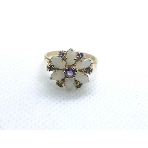 775 - A 9ct yellow gold, opal, and amethyst floral cluster ring, cluster approximately 12mm, size M, toget... 