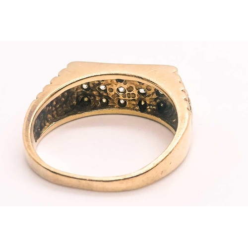 787 - A 9ct yellow gold and CZ gents ring, the oblong mount inset with fifteen round CZs, grain-set, with ... 