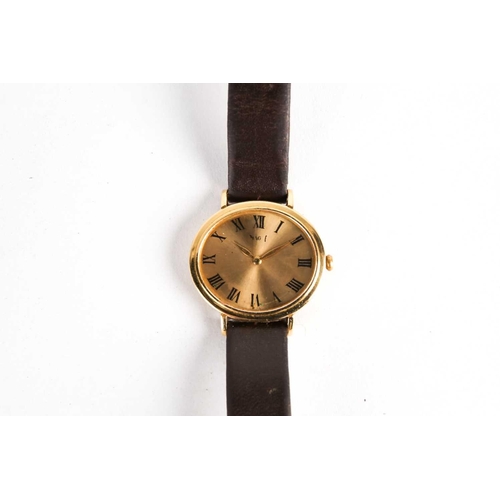 790 - A Ladies Piaget watch, gilt metal oval case (22mm wide), the dial bearing Roman numerals, numbered 9... 